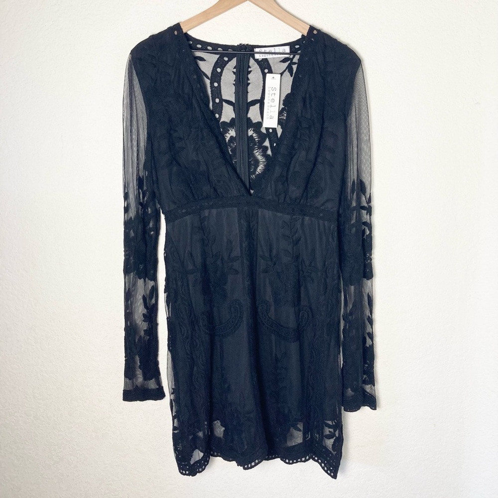 Stella Laguna Beach Deep V Neck Floral Lace Long Sleeve Mini Dress Whimsigoth